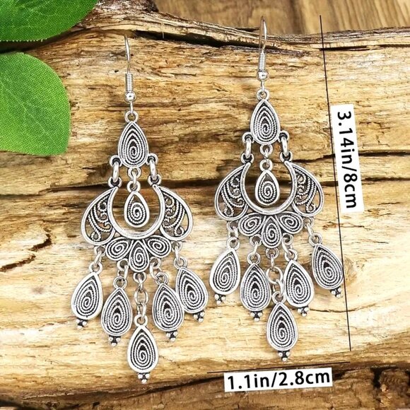 Bohemian Earrings Silver Dangle Boho Hippie Mandala Filigree Hollow Cut Out NEW - Picture 3 of 3